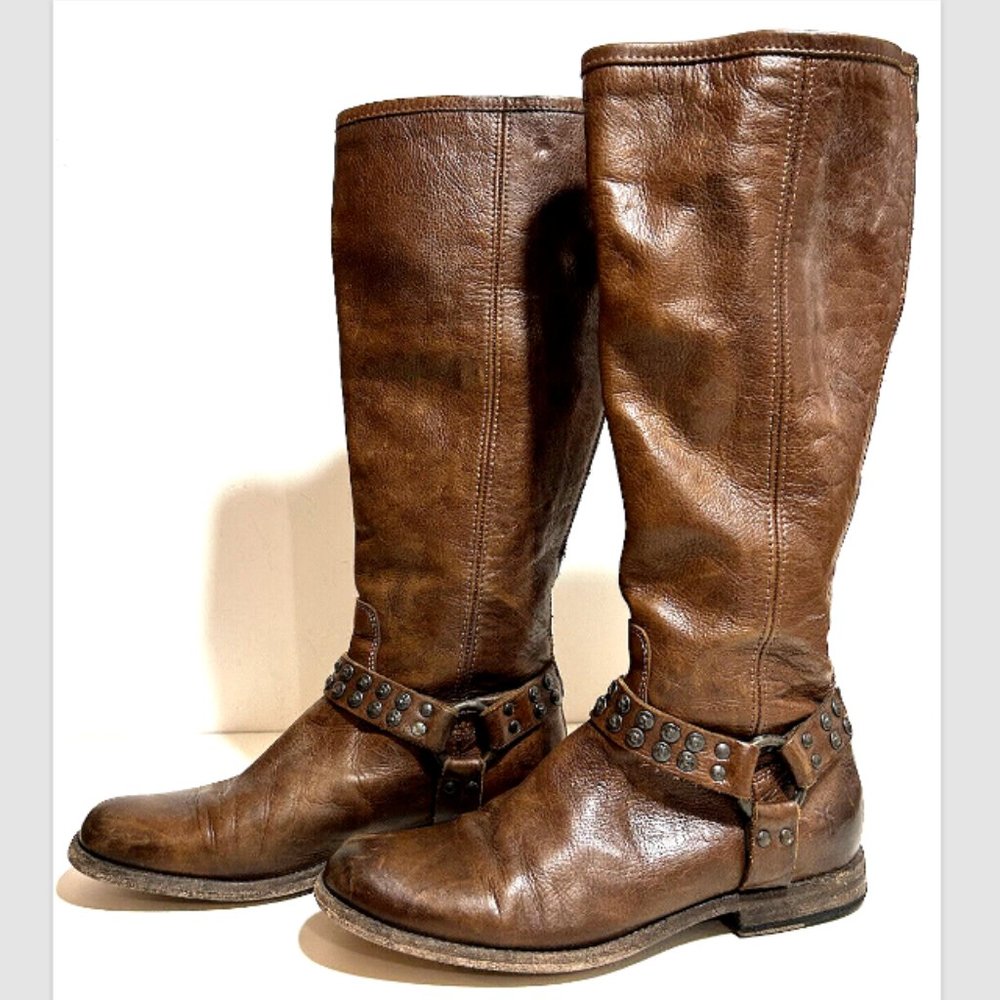 Frye Women's Phillip Harness Tall Knee High US 9.5 B Brown Biker Boots Brown Zip